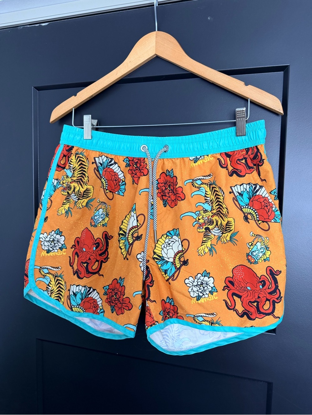 Maamgic 4.5" Retro Swim Trunks Japanese Tattoo Tiger Octopus Orange Mint M